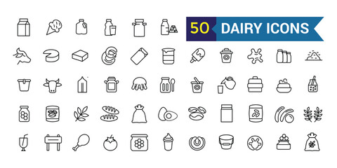 Dairy icons set. Outline set of dairy vector icons for ui design. Outline icon collection. Editable stroke.