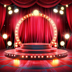 Circus stage podium background 3D carnival light red show curtain. Generative Ai