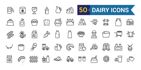 Dairy icons set. Outline set of dairy vector icons for ui design. Outline icon collection. Editable stroke.