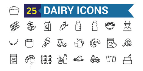 Dairy icons set. Outline set of dairy vector icons for ui design. Outline icon collection. Editable stroke.