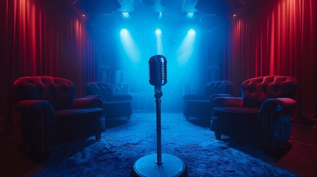 microphone stands boldly in a room adorned with striking red curtains, hinting at a performance yet to unfold.