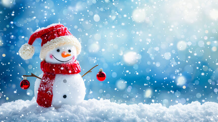 Obraz premium Snowman on snowy winter in Christmas and New Year day.