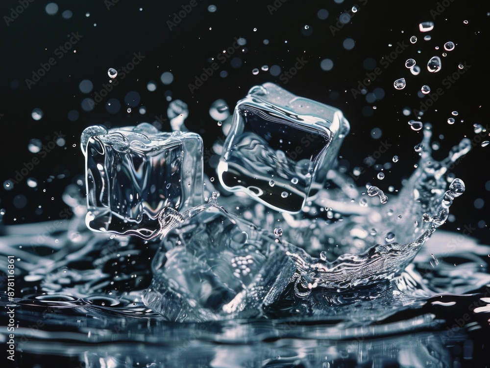 Poster a group of ice cubes floating on the surface of the water, great for use in illustrations about cold