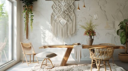 A bohemian-modern dining room with a live-edge table, eclectic chairs, and a macram?(C) wall hanging