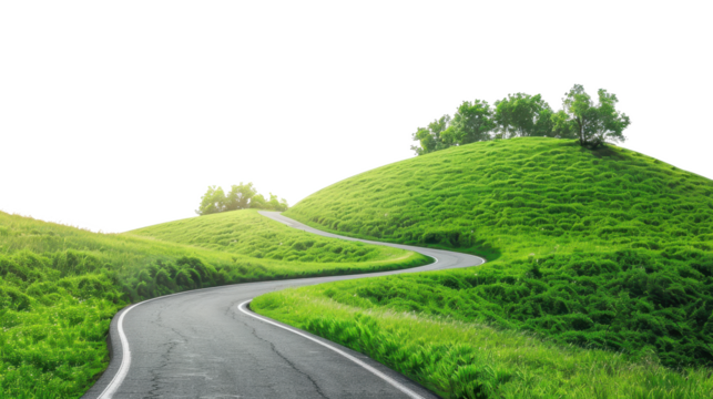 green hills with road isolated on a transparent background