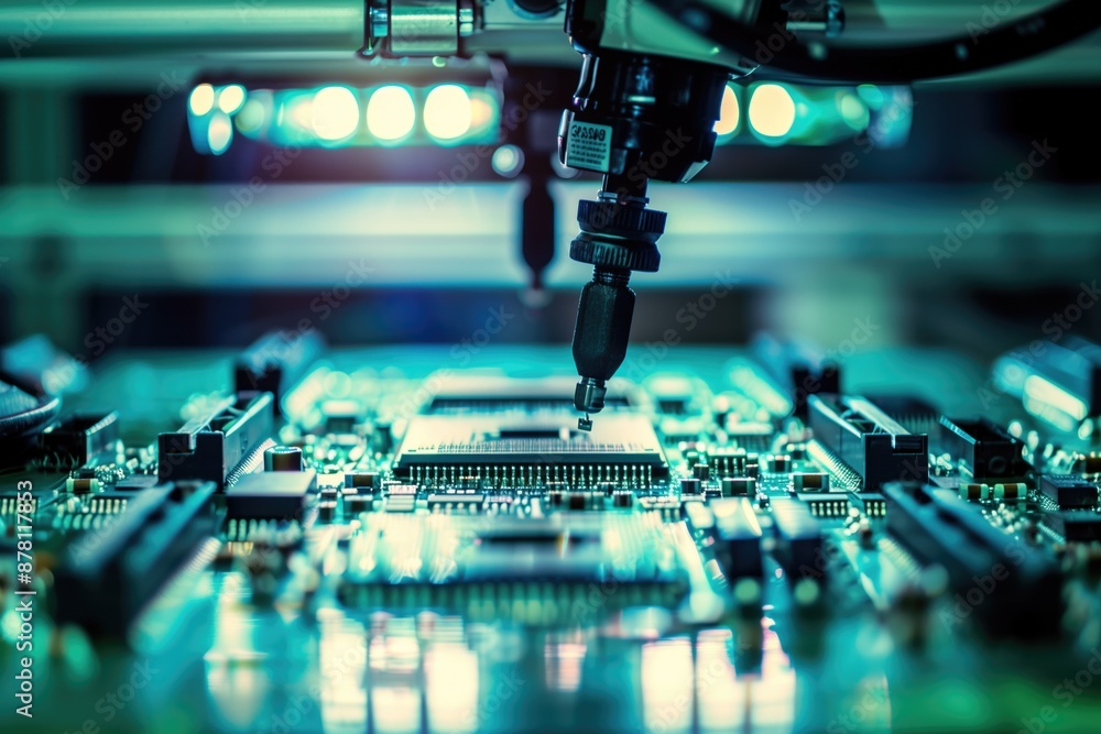 Poster robotic arm assembling electronic circuit board with precision in a hightech manufacturing facility.