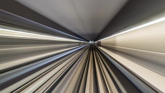 Point of view hyper lapse time-lapse of fast underground subway train travel forward. High speed railway transportation system, commuter lifestyle, transport technology concept
