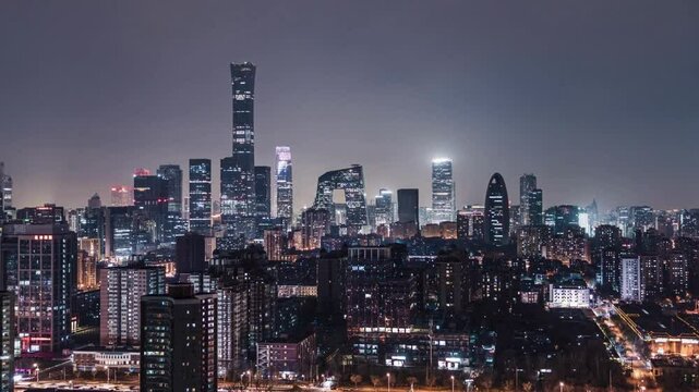 Aerial View of Beijing Skyline and Downtown at Night - Beijing, China

