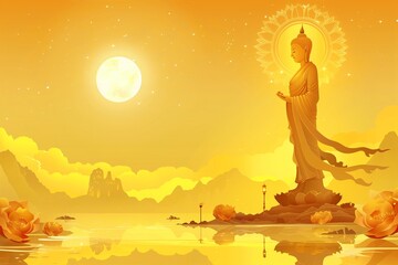 Buddha statue standing on a yellow gold vector illustration background