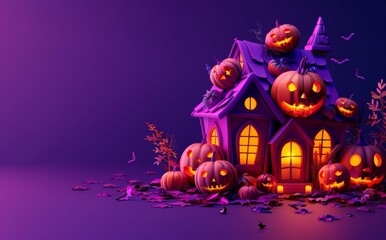 3D cartoon illustration of a cute house made of pumpkins and Halloween decorations against a purple background