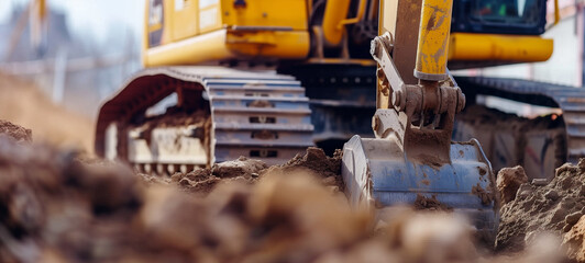 Close-up of a yellow excavator working on a construction site