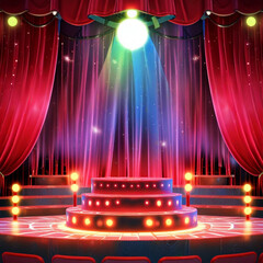Circus stage podium background 3D carnival light red show curtain. Generative Ai