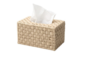 Obraz premium Woven wicker tissue box cover with white tissues, beige basket weave home decor accessory for bathroom and bedroom isolated on Transparent Background