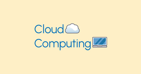 Cloud computing text with cloud and laptop emojis on a beige background. Emoji concept.
