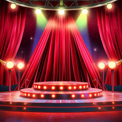 Circus stage podium background 3D carnival light red show curtain. Generative Ai