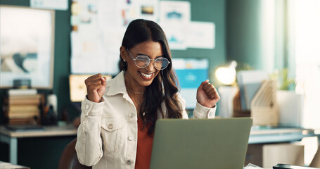 Indian woman, laptop and hands in office for success with startup company, deal or sale with...