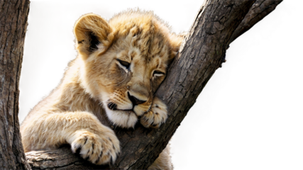A young lion rests, leaning its head and front paws on a tree branch. 