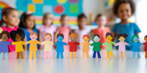 Rainbow colored paper human figures holding their hands on kindergarten or school background. Diversity and inclusion concept.