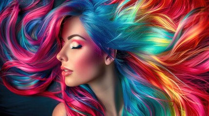 Fototapeta premium Colored Hair. Beautiful Girl with Multicolored Hair and Classic Makeup and Hairstyle