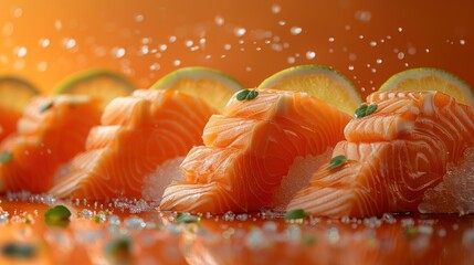 Smoky delicious salmon slices with hints of herbs, oil and spices floating over the meat, stylish concept for advertising