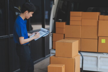 Truck Mover Unloading Van Carrying Boxes And Moving House