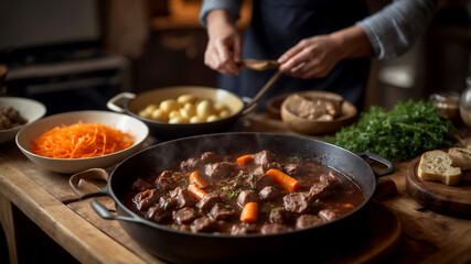 Preparation in a Rustic Kitchen Film the preparation of Boeuf Bourguignon in a cozy, rustic kitchen. Capture the slow simmering of beef chunks in red wine, the addition of aromatic vegetables like