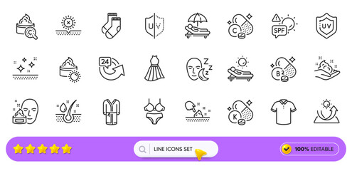 Uv protection, Skin care and Sleep line icons for web app. Pack of Sun protection, Sun cream, Sunbed pictogram icons. Bathrobe, Face cream, Collagen skin signs. Lingerie, Vitamin c, Lounger. Vector