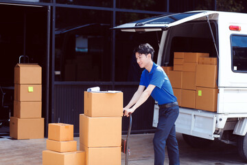 Truck Mover Unloading Van Carrying Boxes And Moving House