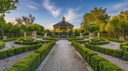 Naklejka premium Elegant ranch with a formal English garden, complete with sculpted boxwood hedges, gravel paths, and a central gazebo