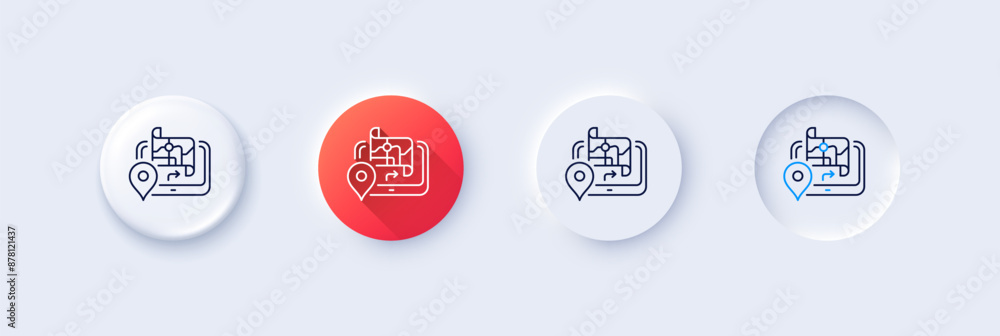 Poster gps map line icon. neumorphic, red gradient, 3d pin buttons. road path sign. journey route device sy