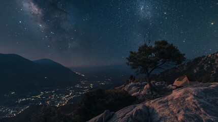 Stargazing Campers on Mountain Ridge Overlooking City