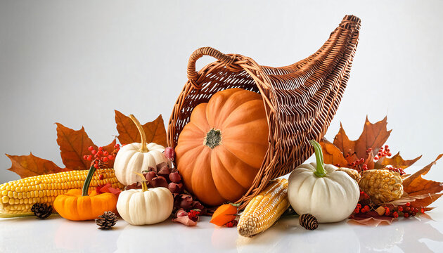 thanksgiving cornucopia autumn vegetables pumpkins fall decor white background