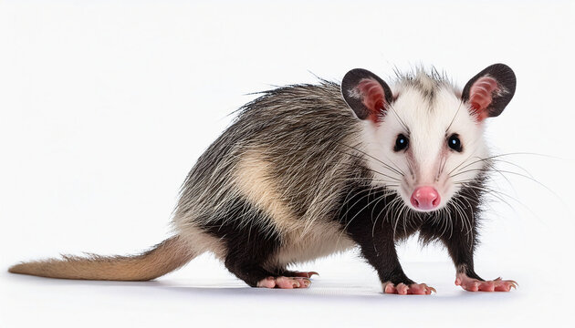 young virginian opossum didelphis virginiana standing looking camera white background