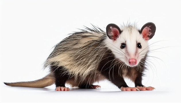young virginian opossum didelphis virginiana standing looking camera white background