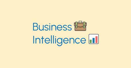 Obraz premium Business Intelligence text with briefcase and bar chart emojis on a beige background.