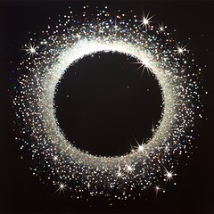 Shining circle silver frame made of shiny glitter. Frame from circle metallic sparkles, particles, confetti for holiday decoration, congratulations, happy celebration. Empty space for text on black