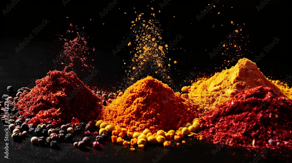 Poster a close-up image showcasing a colorful array of spices, including saffron, curry powder, and annatto