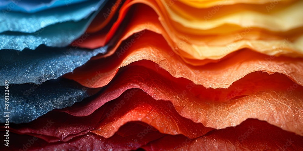 Poster close up of a colorful and varied collection of torn paper pieces stacked together, creating a vibra