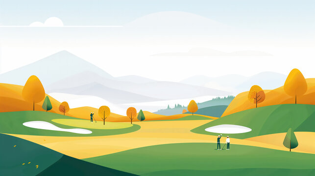 Autumn golf course, players teeing off, flat design illustration