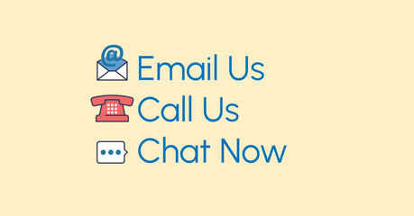 Contact options: Email Us, Call Us, Chat Now with corresponding icons. Emoji concept.