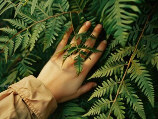 A person's hand gently touching a delicate fern plant