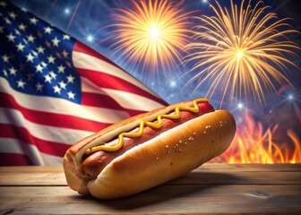 National hot dog day, summer hot dog party, french, corn dogs, classic, usa family holiday, american flag symbols and fireworks.