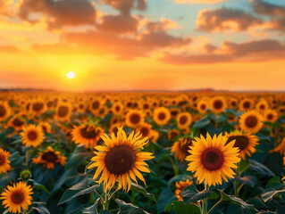 Fototapeta premium Sunflowers Blooming at Sunset in a Field