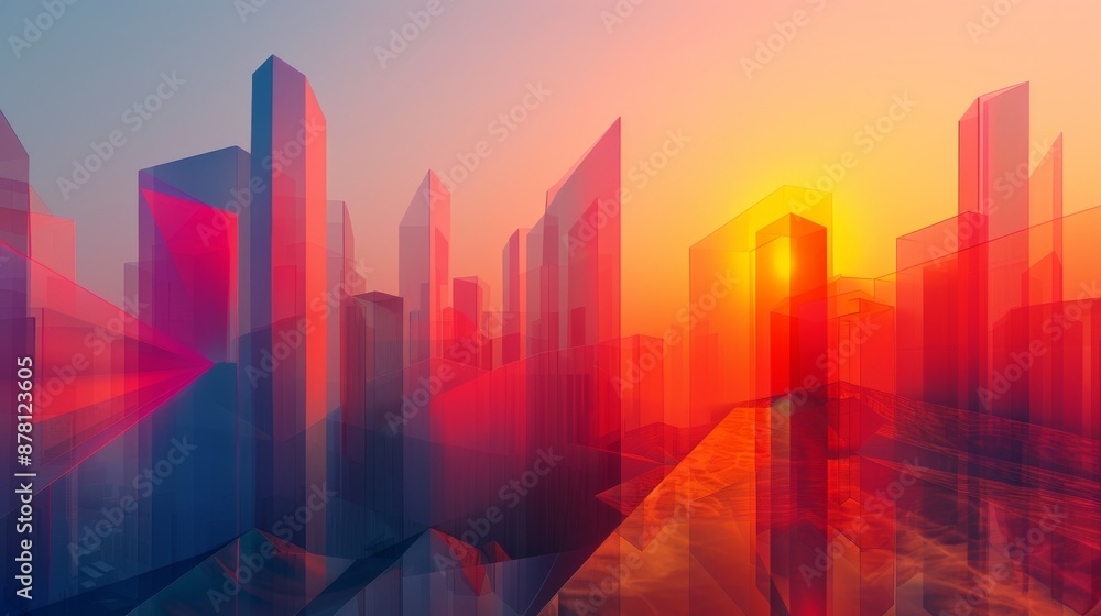 Wall mural Futuristic Abstract Skyline of Overlapping Transparent Geometric Shapes with Gradient Colors