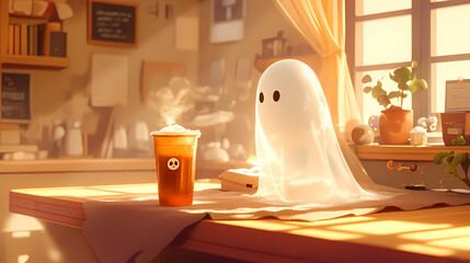 Halloween creature, a cute ghost sits at a table, in warm sunlight. The simple interior has a cartoon style with high resolution
