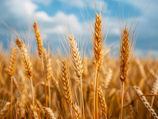 Obraz premium Golden Wheat Stalks Under a Blue Sky on a Summer Day