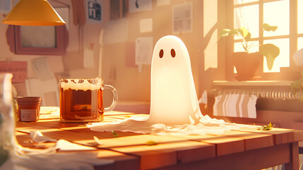 Halloween creature, a cute ghost sits at a table, in warm sunlight. The simple interior has a cartoon style with high resolution