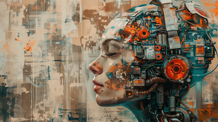 Fototapeta premium A beautiful woman's head with robotic elements and mechanical parts, in an abstract style, against the background of an industrial building. 