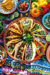 Fototapeta premium A colorful table filled with multiple tacos featuring different toppings