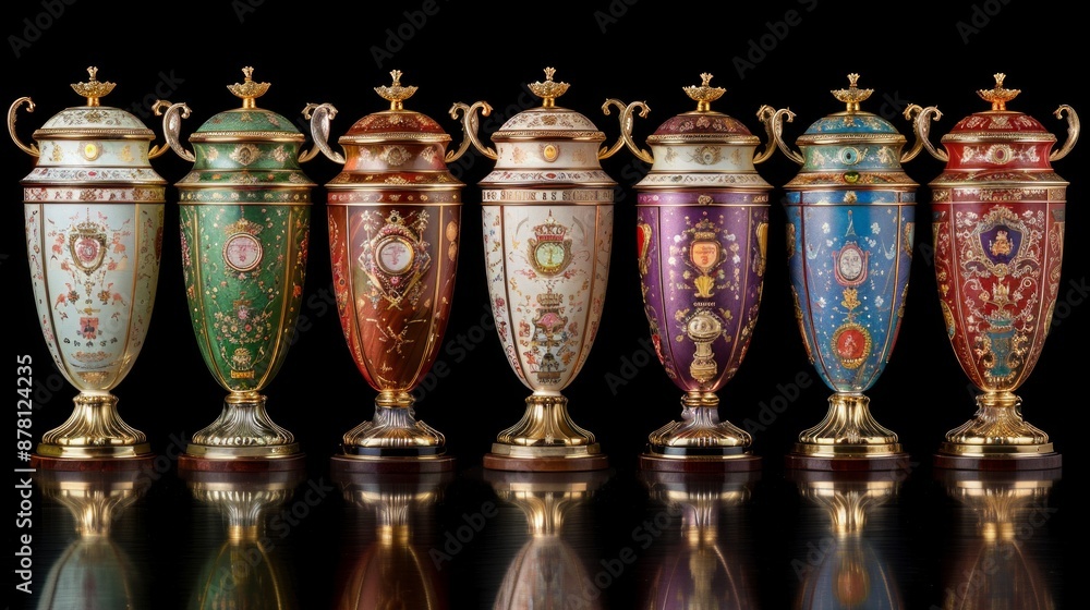 Poster vibrant array of colorful prize cups lined up in perfect formation, each one unique and brilliant, e
